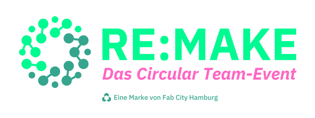 Logo für RE:MAKE Das Circular Team-Event, eine Marke von Fab City Hamburg, mit einem kreisförmigen Design aus verbundenen Punkten in Grün- und Türkistönen.