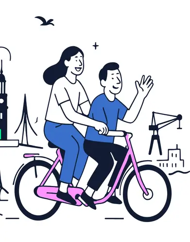 Illustration von zwei Personen auf einem Tandemfahrrad vor der Skyline von Hamburg, die die Fab City Hamburg repräsentiert.