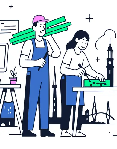 Illustration von zwei Personen, die in einem FabLab arbeiten, mit Hamburger Wahrzeichen im Hintergrund, symbolisiert lokale Produktion und Innovation.