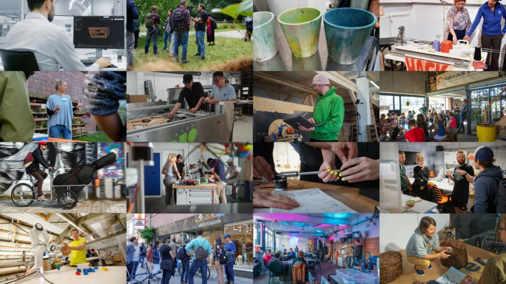 Dieses Bild zeigt eine Collage verschiedener Aktivitäten bei Fab City Hamburg, darunter digitales Design, Workshops, Recycling, Handwerk, urbane Mobilität und G