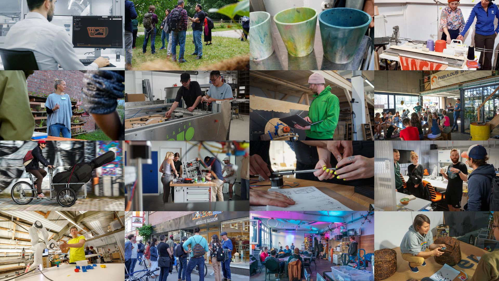 Dieses Bild zeigt eine Collage verschiedener Aktivitäten bei Fab City Hamburg, darunter digitales Design, Workshops, Recycling, Handwerk, urbane Mobilität und G