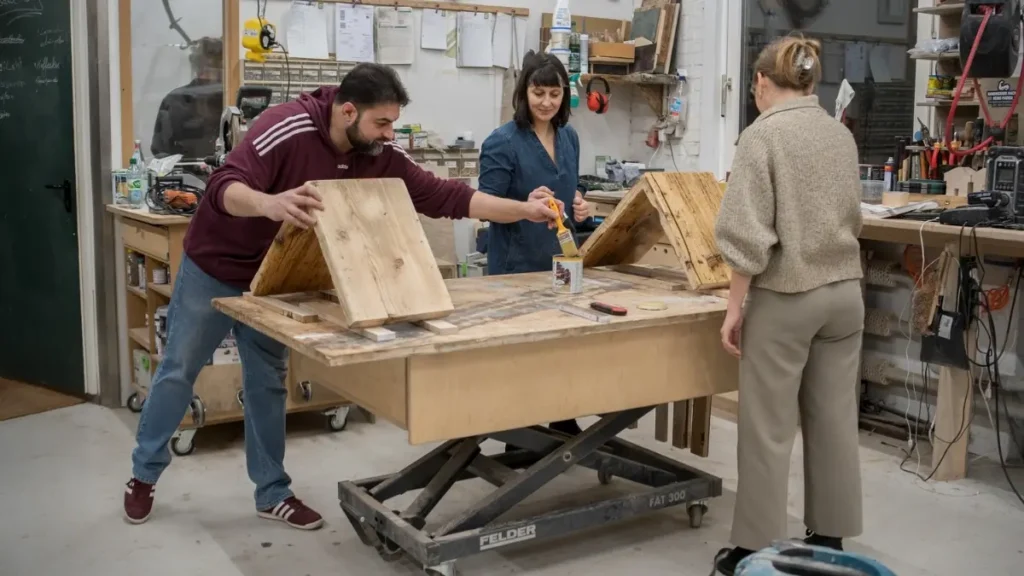 Drei Personen arbeiten in einer Werkstatt an Holzprojekten, wobei eine Frau ein Holzstück bemalt und ein Mann ein anderes montiert.