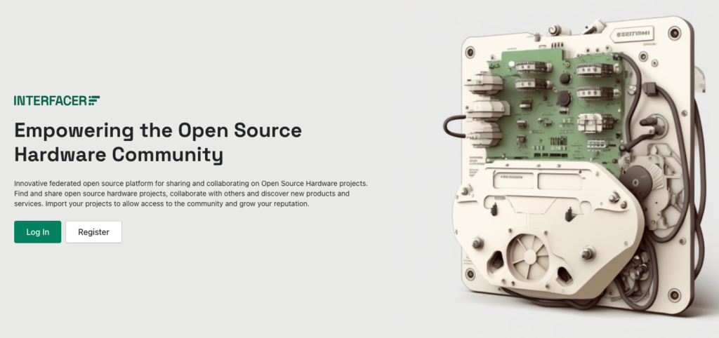 Screenshot der INTERFACER-Webseite mit dem Titel 'Empowering the Open Source Hardware Community' und einer stilisierten elektronischen Platine.