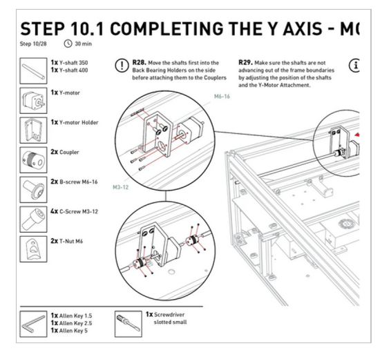 Detaillierte Montageanleitung für die Y-Achse eines Geräts, inklusive Teileliste, Werkzeugen und Schritt-für-Schritt-Diagrammen zur Installation von Motor und W