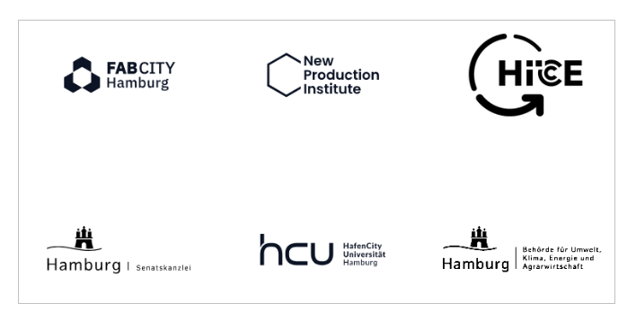 Logos von Fab City Hamburg, New Production Institute, Hi!CE, Senatskanzlei Hamburg, HafenCity Universität Hamburg und Behörde für Umwelt, Klima, Energie und Agr