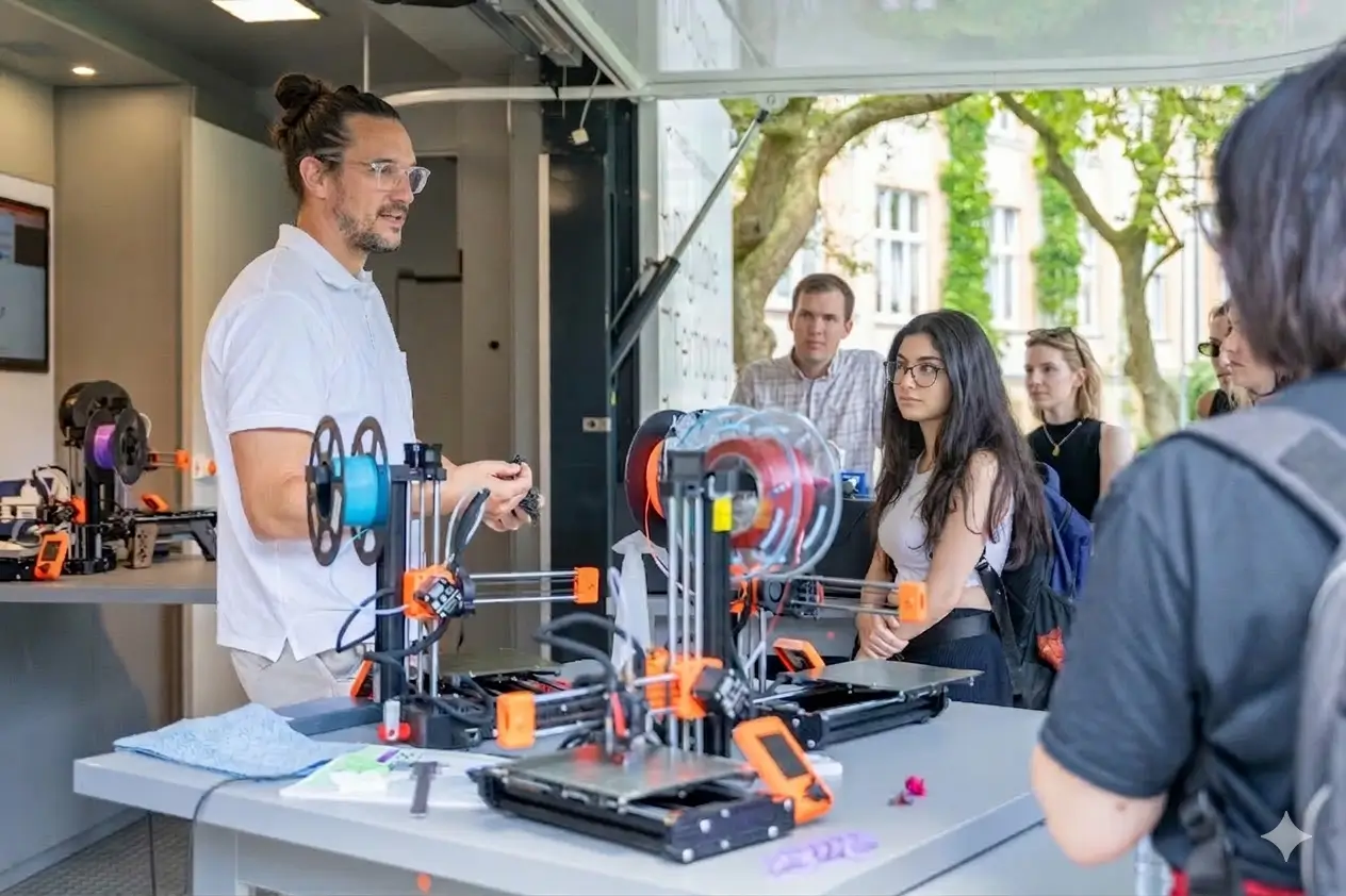 Ein Mann erklärt an 3D-Druckern in einem mobilen Labor von Fab City Hamburg einer Gruppe von Zuschauern die Technologie.