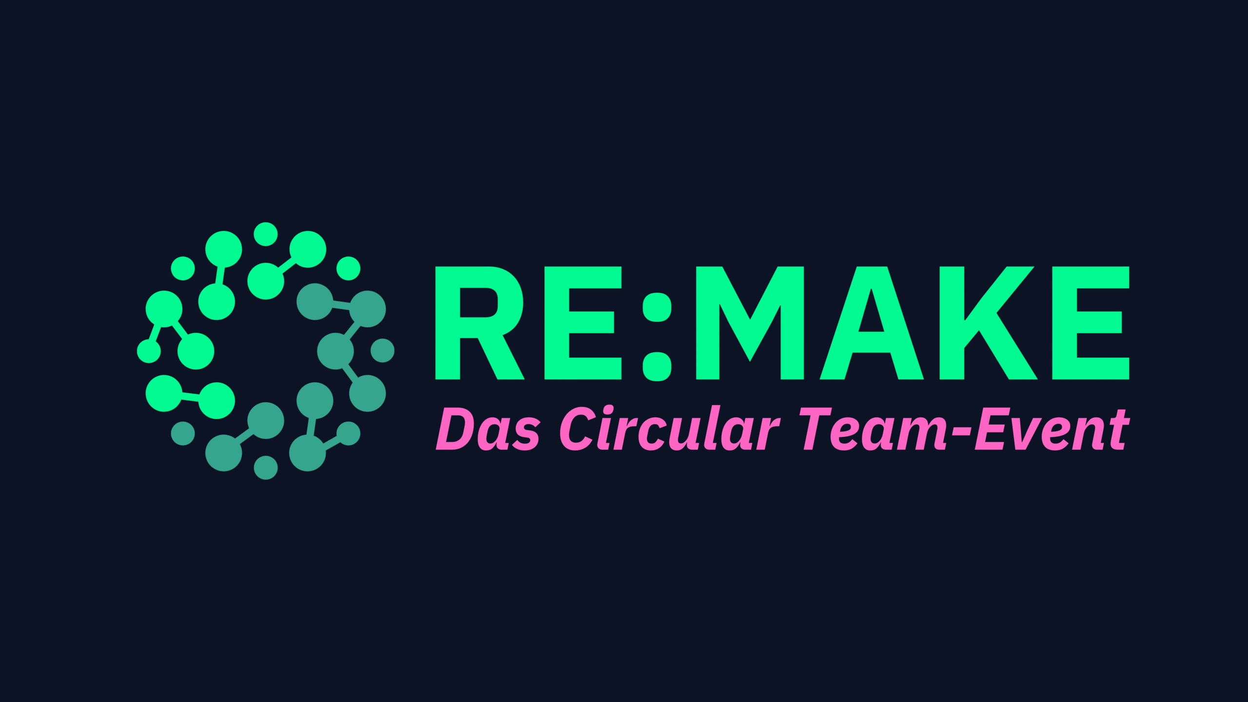 Logo für RE:MAKE – Das Circular Team-Event von Fab City Hamburg, mit einem kreisförmigen Netzwerk-Symbol in Grün-Türkis auf dunklem Hintergrund.