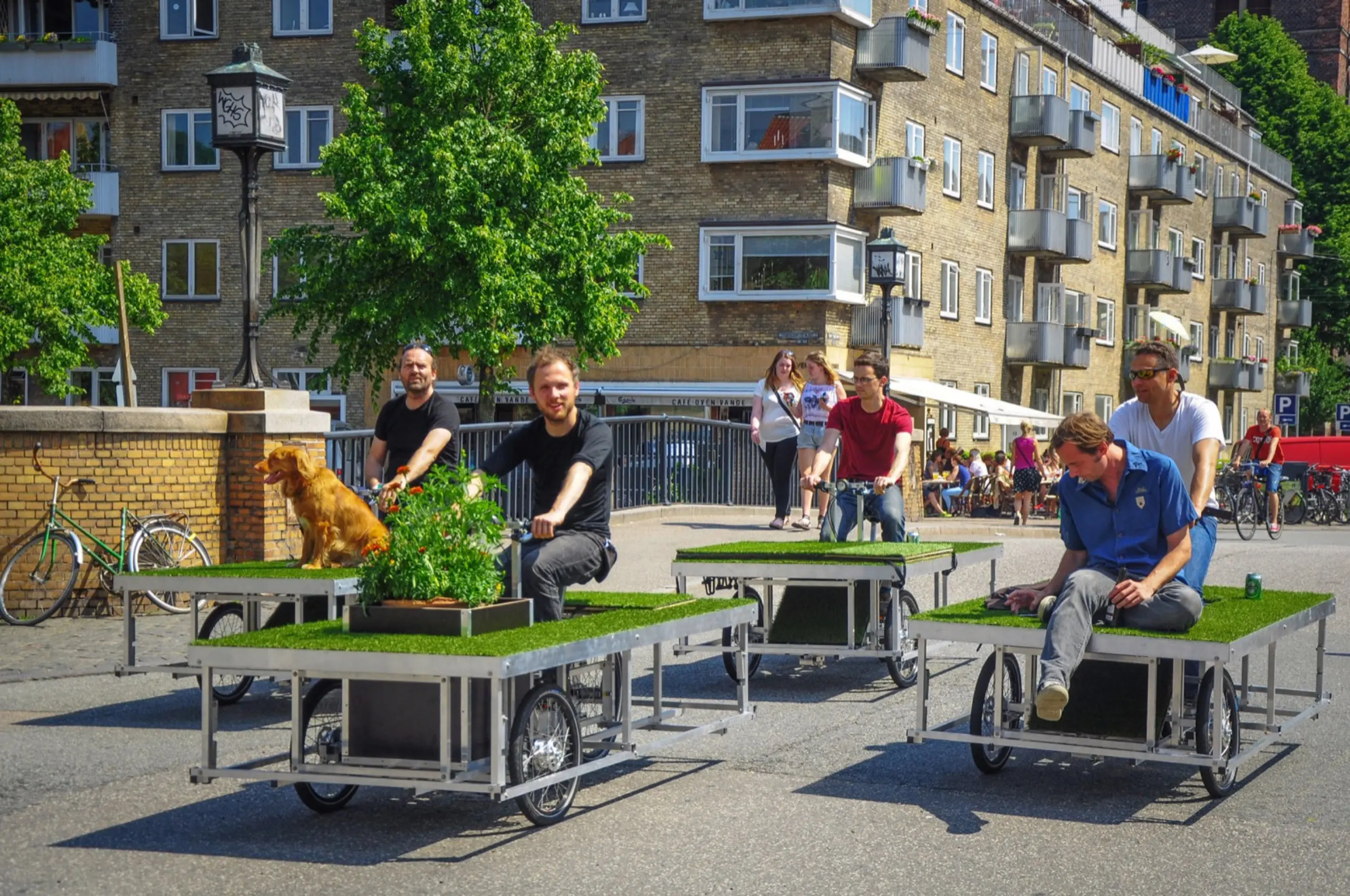 Mehrere Menschen fahren auf mobilen, mit Kunstrasen und Pflanzen dekorierten Plattformen durch eine Stadtstraße, begleitet von einem Hund.