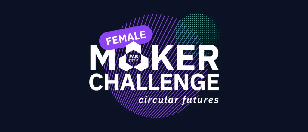 Das Logo der Female Maker Challenge 2025 von Fab City Hamburg zeigt den Titel, den Slogan 'circular futures' und geometrische Muster auf dunklem Hintergrund.