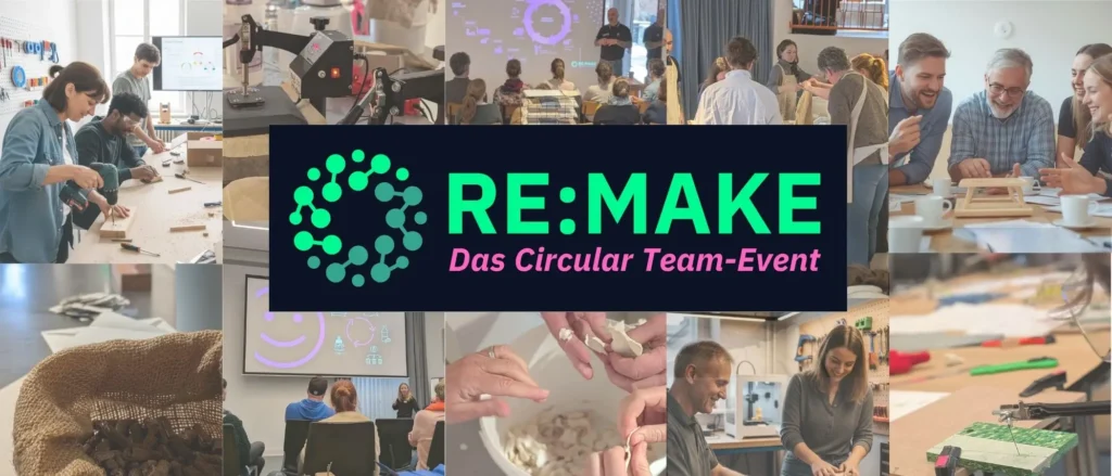 Collage mit Szenen des RE:MAKE Circular Team-Events: Menschen beim Handwerken, Präsentationen, Materialverarbeitung und Diskussionen über Kreislaufwirtschaft.