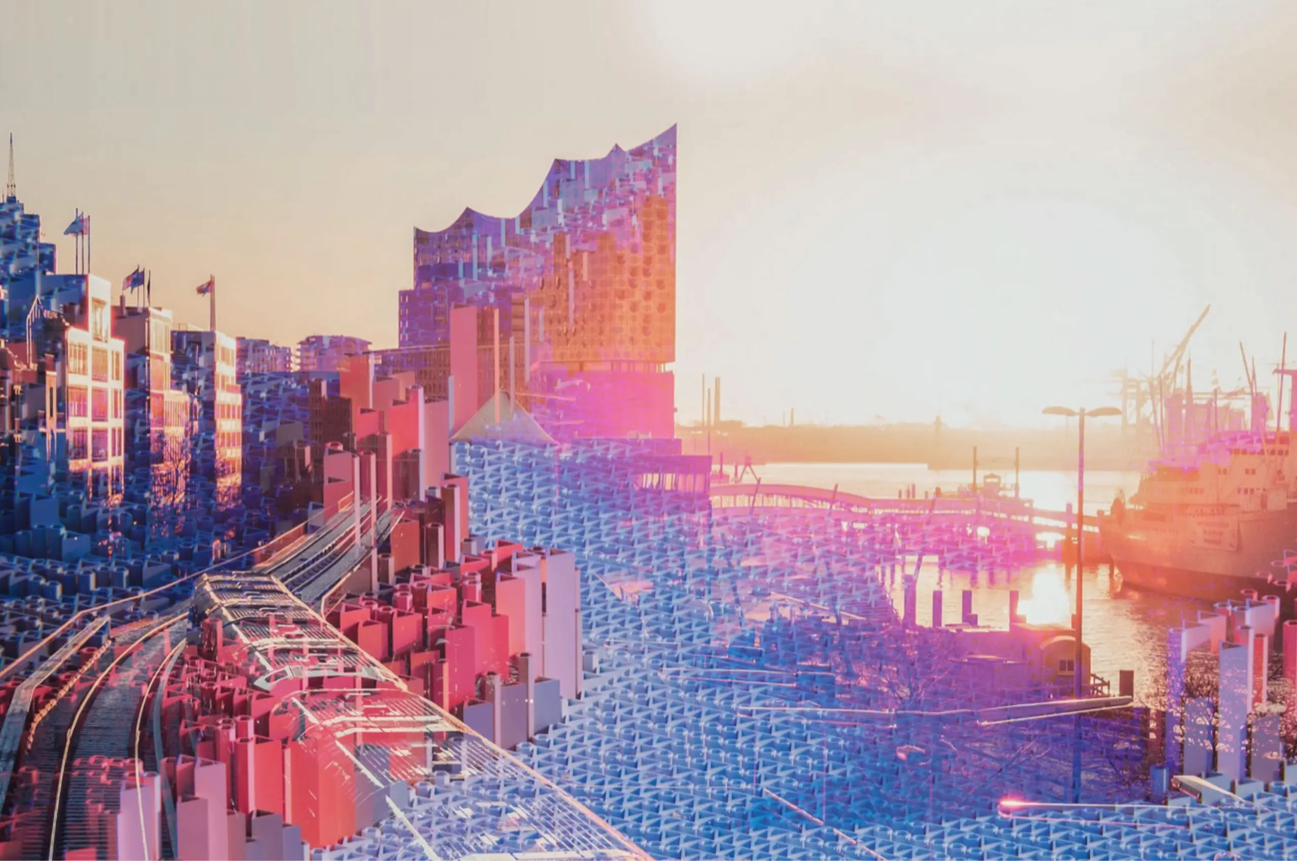 Eine futuristische, farbenfrohe Darstellung der Hamburger Skyline mit der Elbphilharmonie, Hafen und Zuggleisen bei Sonnenuntergang, im Stil einer digitalen Vis