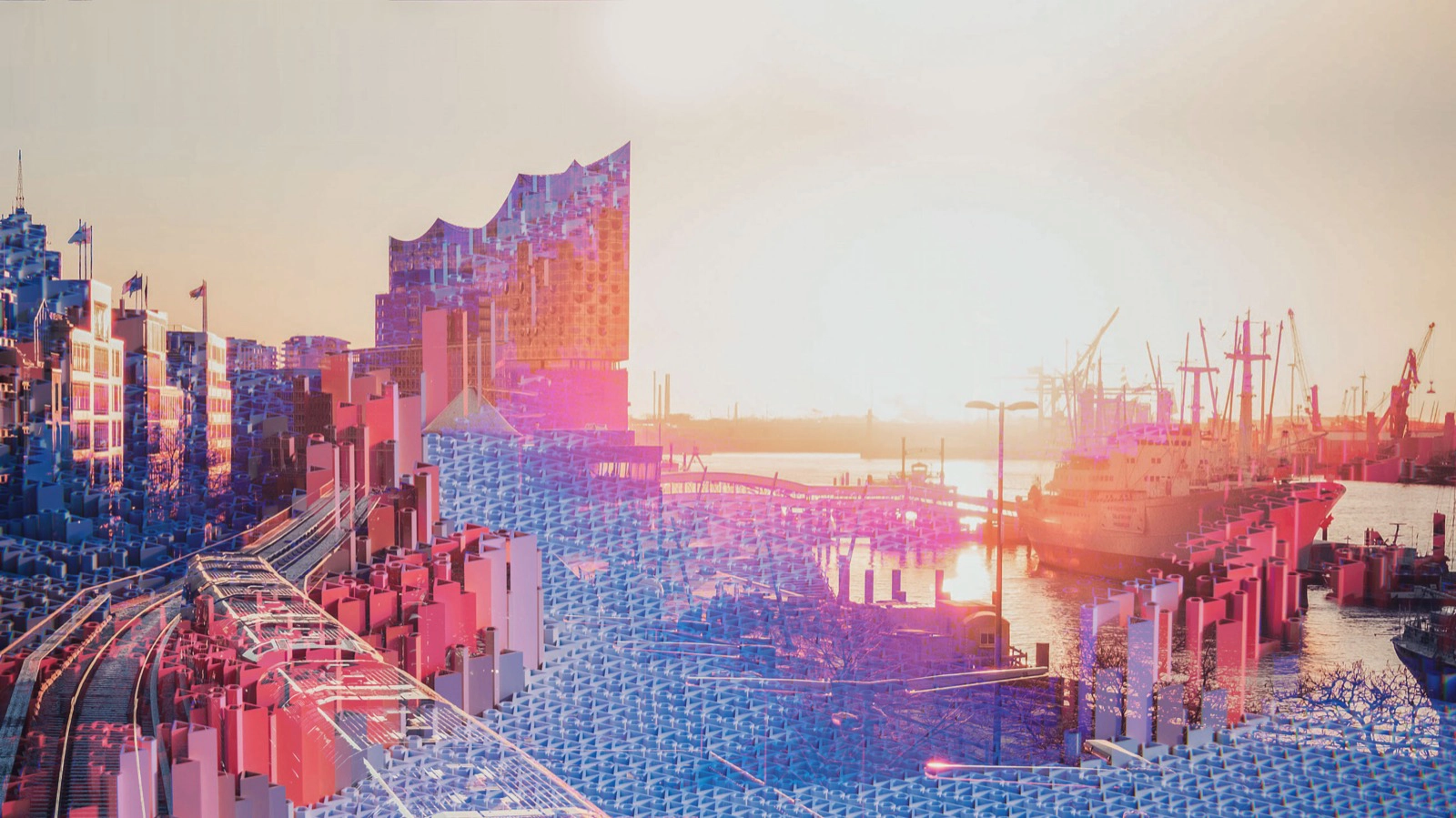 Stylisierte, farbenfrohe Darstellung von Hamburg mit Elbphilharmonie, Hafen und futuristischen Gebäuden bei Sonnenuntergang, die eine Vision der Fab City Hambur