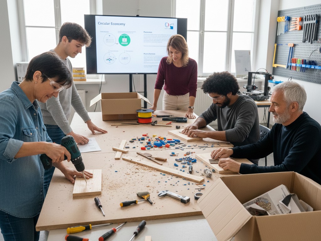Eine Gruppe von Menschen arbeitet gemeinsam an einem Tisch in einem Workshop, wobei eine Frau Holz bohrt und im Hintergrund ein Bildschirm 'Circular Economy' ze