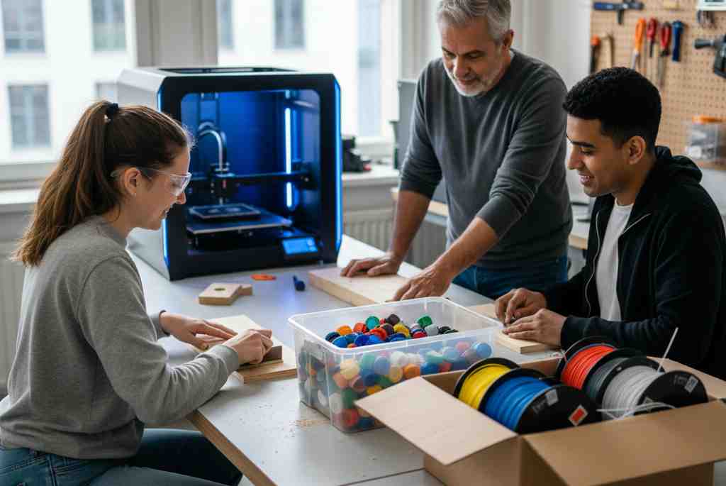 Drei Personen arbeiten in einem Workshop an Holzteilen, während ein 3D-Drucker im Hintergrund läuft und recycelte Materialien bereitliegen.