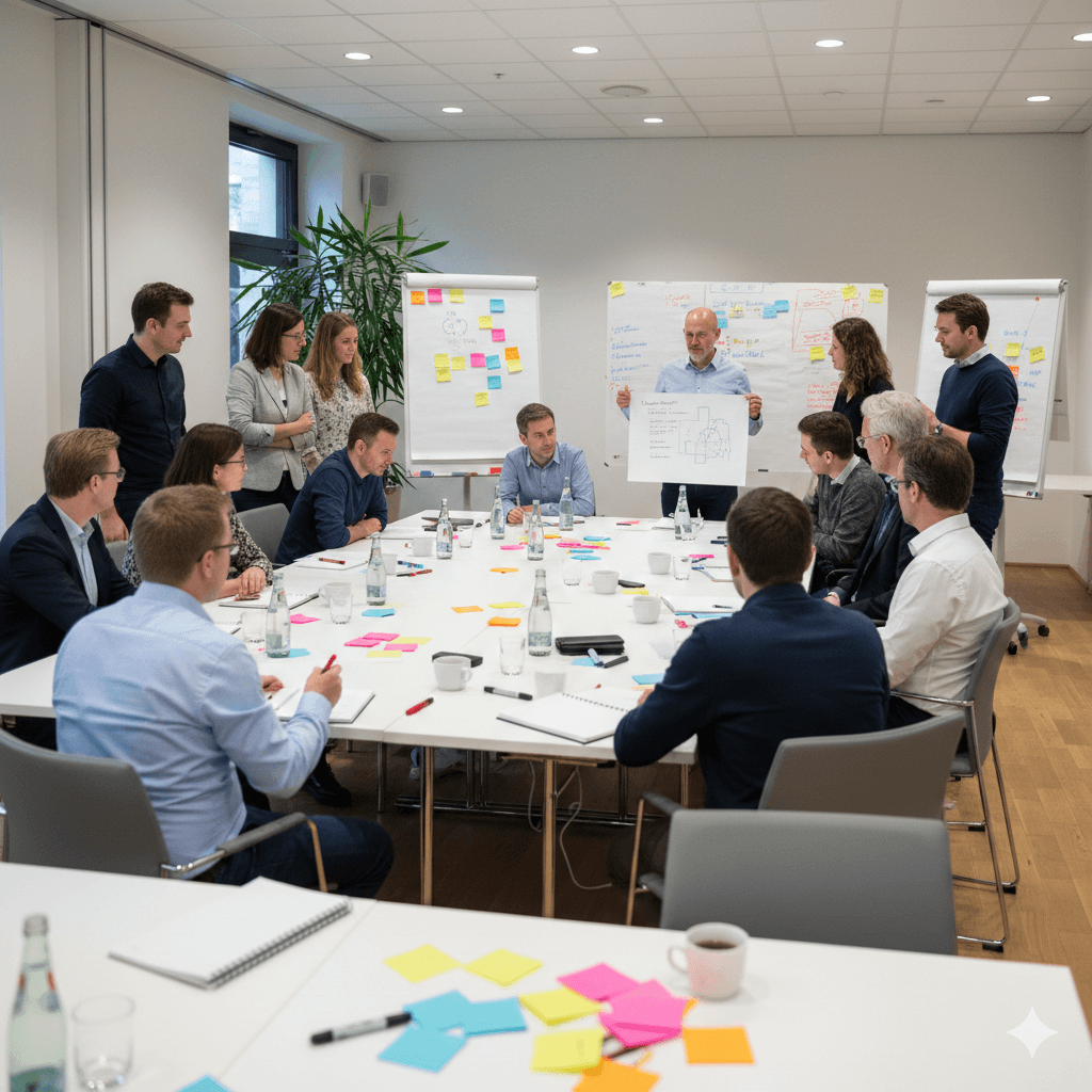 Eine Gruppe von Fachleuten bei einem Meeting von Fab City Hamburg, die Ideen für ein Web-Unternehmen diskutieren.